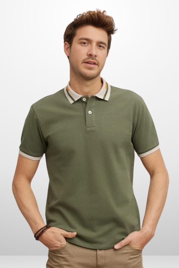 Fs Men's Khaki Slim Fit 100% Cotton Non-Curling Polo Collar T-Shirt