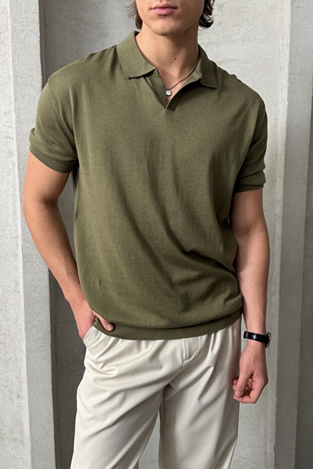 Men's Oversize Cotton Polo Neck Knitwear T-Shirt