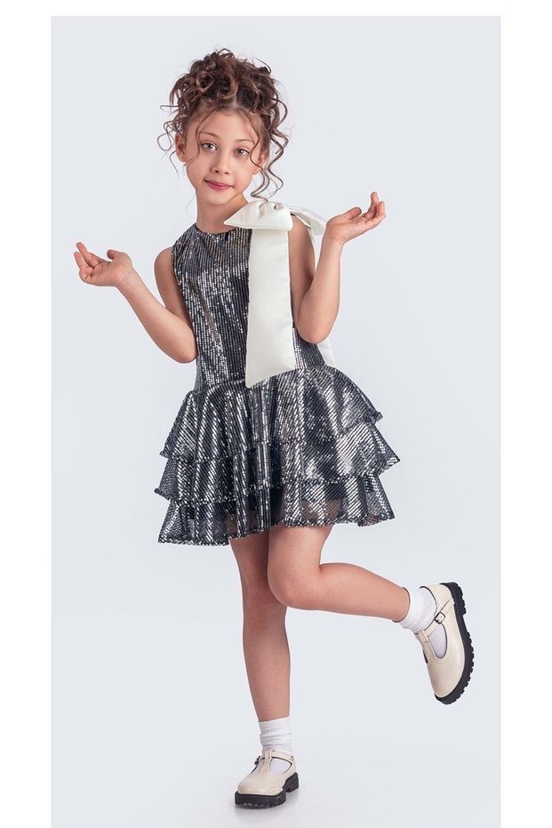 Sequin Fabric Sleeveless Girls Party Dress Black - Gray