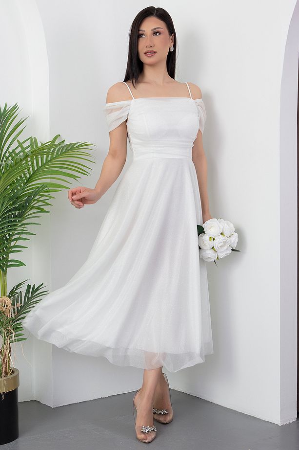 Kare Yaka Askılı Simli Tül Elbise 39976 - 3