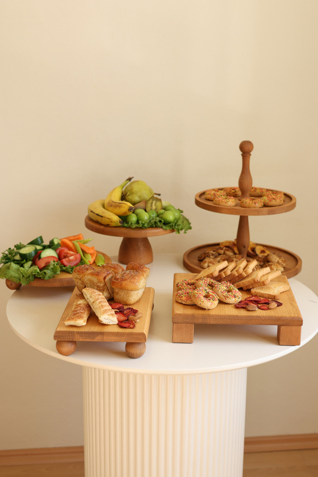5-Piece Wooden Cake Presentation Set, 2-Tier Cake Stand, 25 cm Cake Holder, 25 cm Risus, 17X25 Risus, 25X25 Tityos