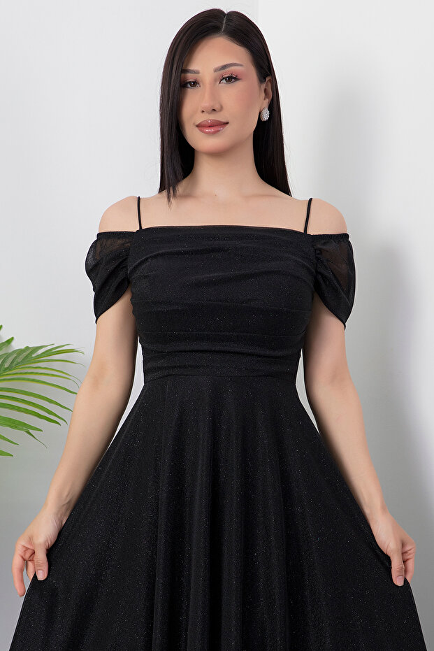 Kare Yaka Askılı Simli Tül Elbise 39976 - 6