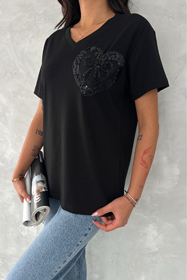 Women's Black V-Neck Beads and Sequins Embroidered Ribbon Pattern 100% Cotton T-Shirt