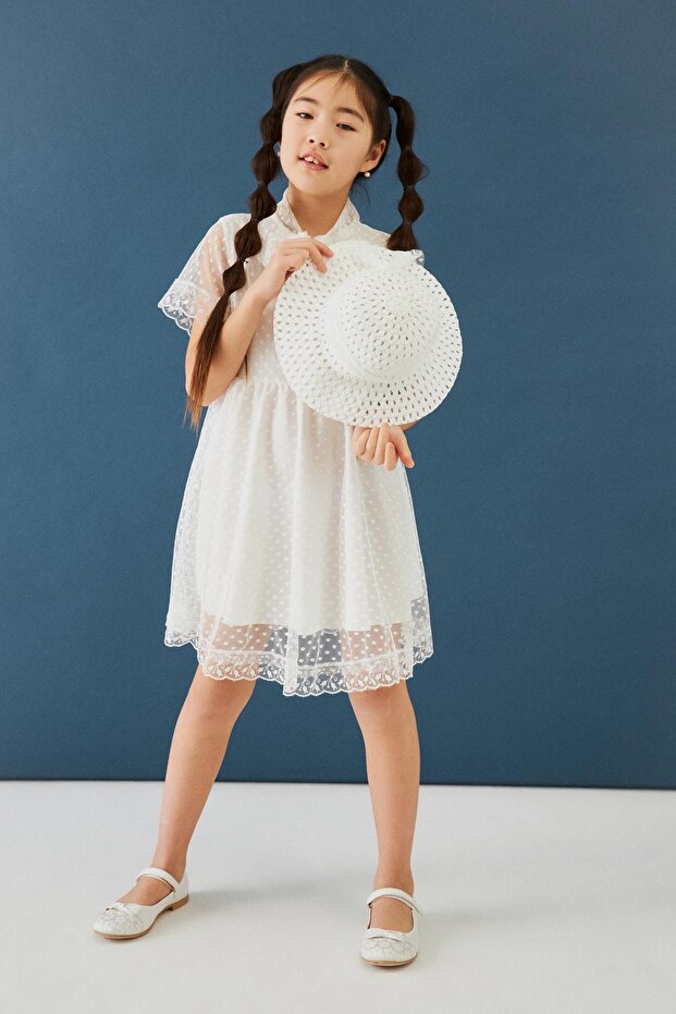 Hat and Stewardess Collar Detailed Girls' Dress White