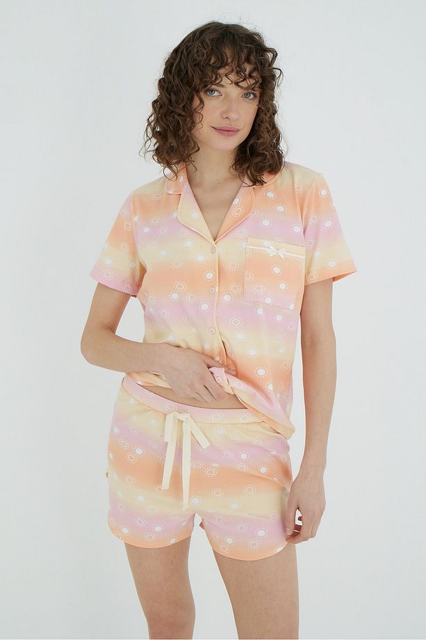 Renk Geçişli Cep Detaylı Gömlek Şort Pijama Takımı - 5