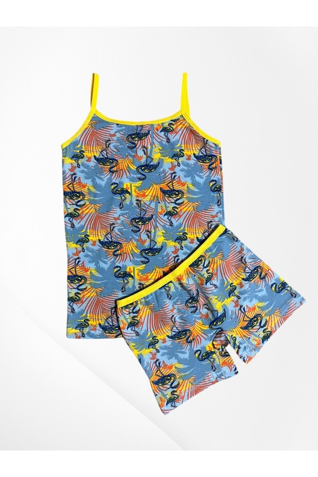 Girl's 100% Cotton Flamingo Patterned Green Thin Strap Tank Top Boxer Set