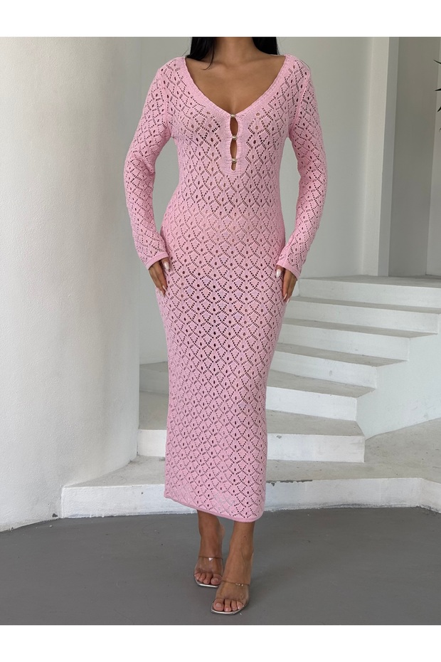 Kadın V Yaka Ajurlu Elbise - 3