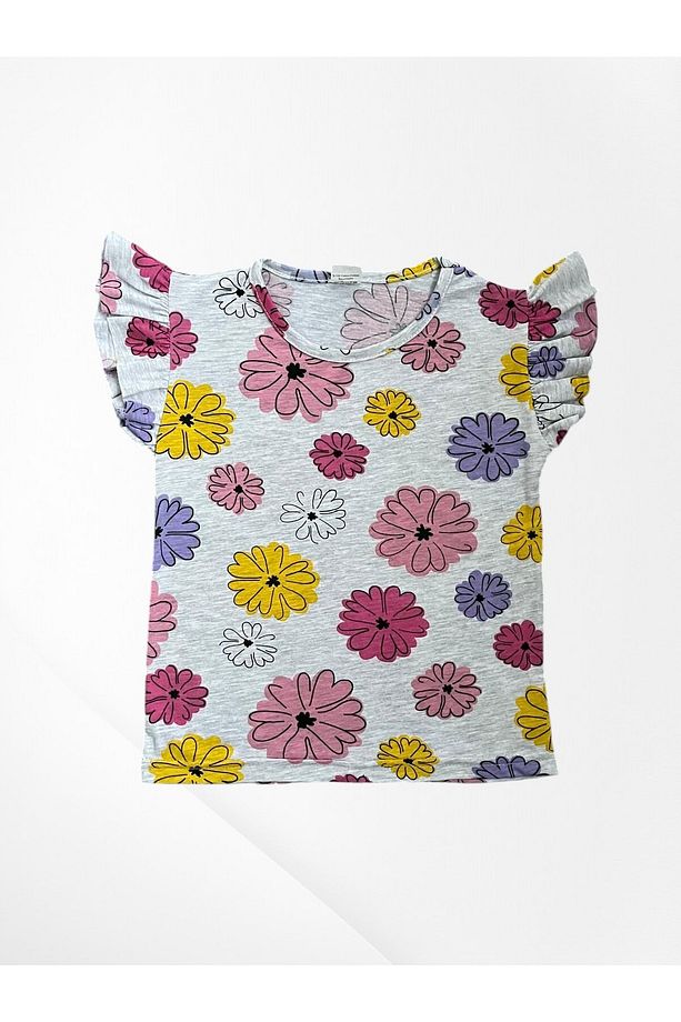 Kız Çocuk Pamuklu Gri Renk Çiçekler Desenli Kısa Kollu Şortlu Yazlık Kolu Fırfırlı Pijama Takım - 3