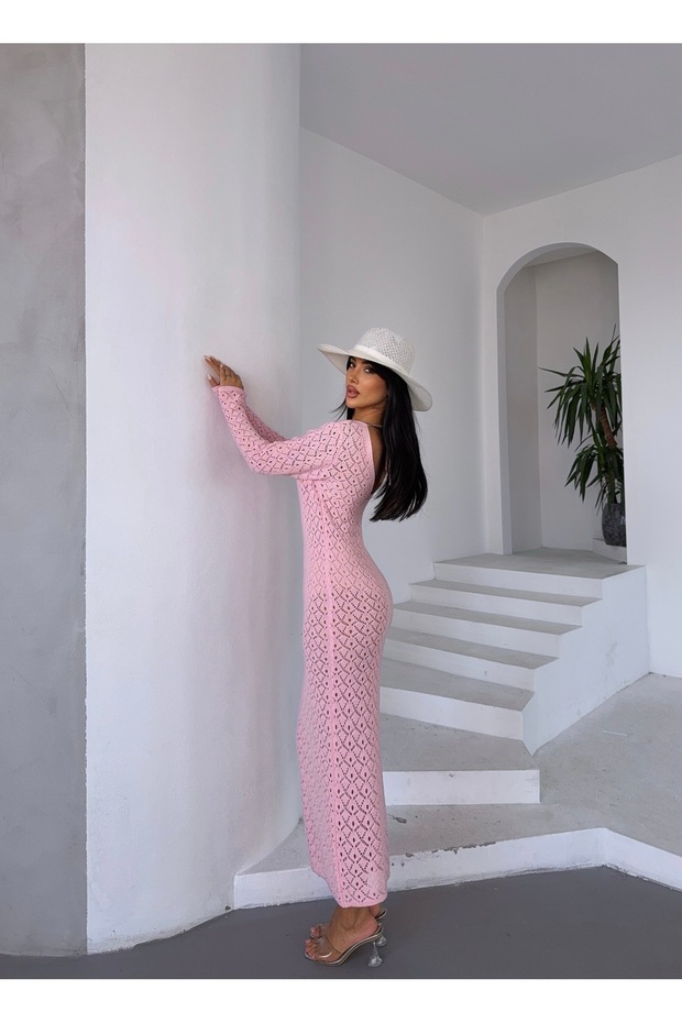 Kadın V Yaka Ajurlu Elbise - 7