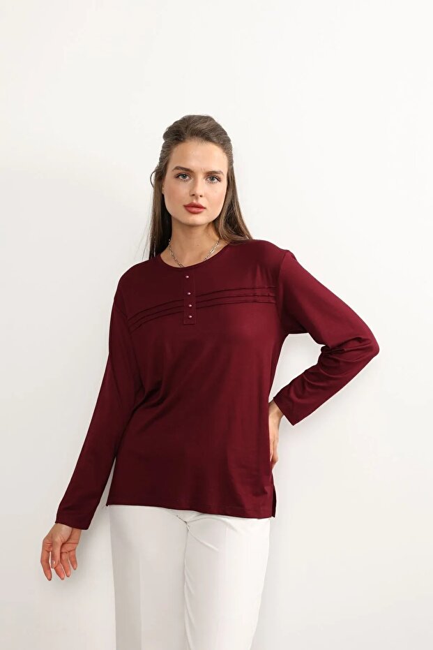 Lifera Pearl Detailed Combed Cotton Mother Blouse, Large Size