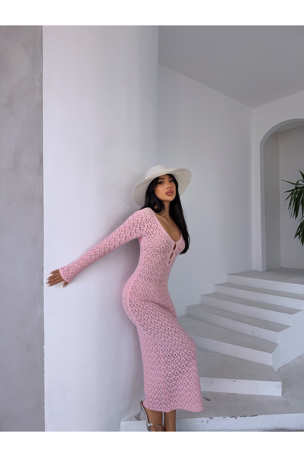 Kadın V Yaka Ajurlu Elbise - 1