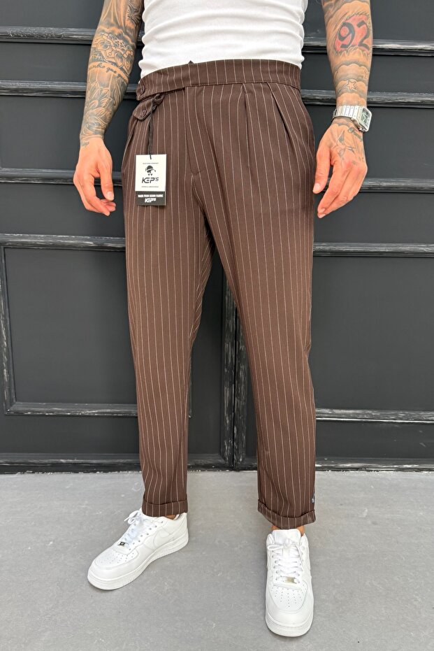 Men's Boyfriend Mold Double Leg Pleated Brown Fabric Trousers Ke-1025