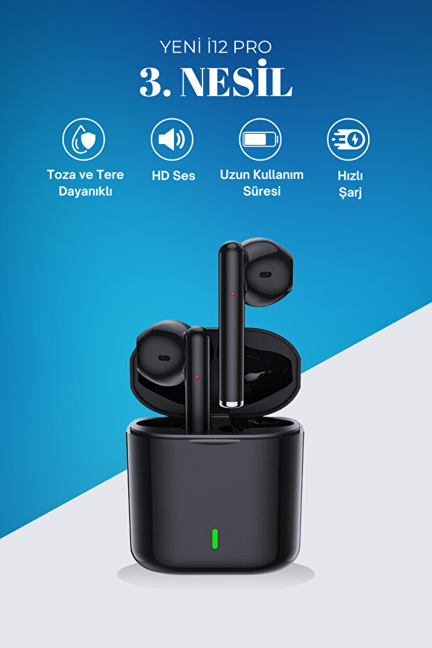 Tws I12 Pro 3. Nesil Siyah Bluetooth Kulaklık A Kalite Hd Ses Performansı Bluetooth Versiyon 5.3 - 1