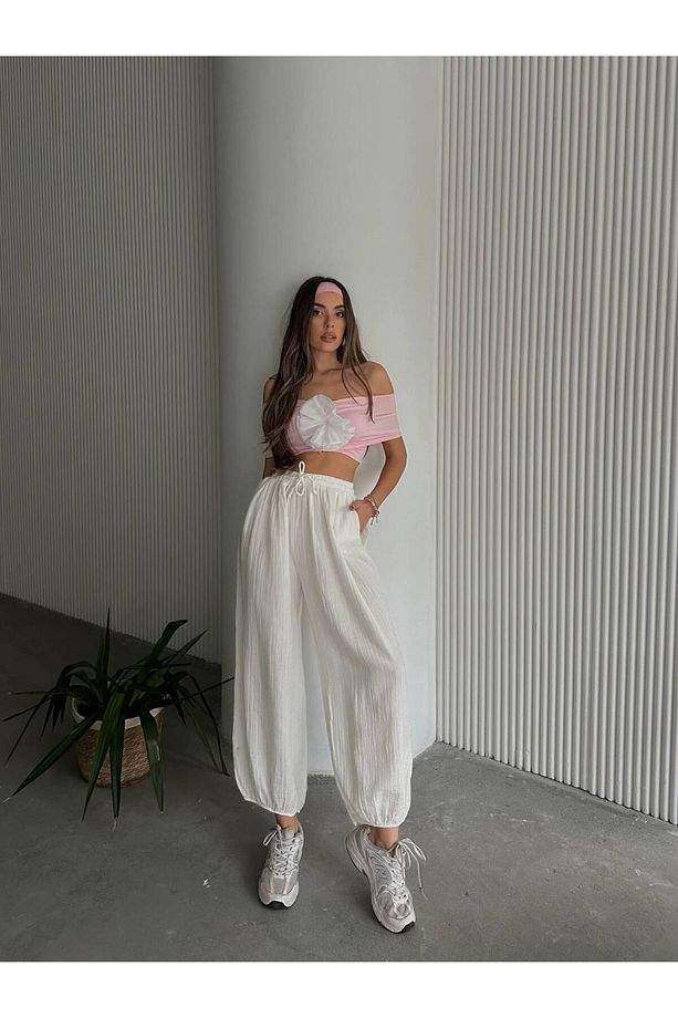 Müslin Kumaş Oversize Şalvar Pantolon - 4