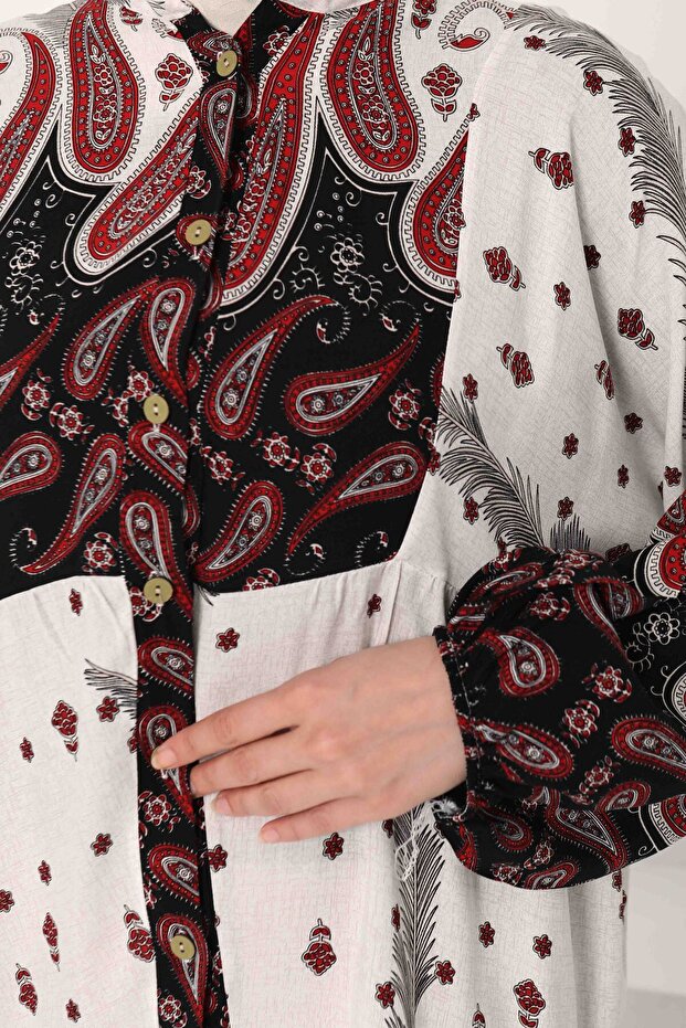 Patterned Buttoned Dress Red - 27040 - 7