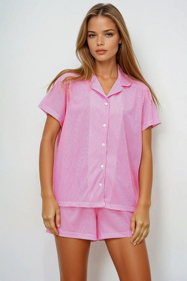 Kadın Pembe Çizgi Desenli Örme Pamuklu Gömlek Ve Şort Pijama Takımı Pjmx13884 - 1