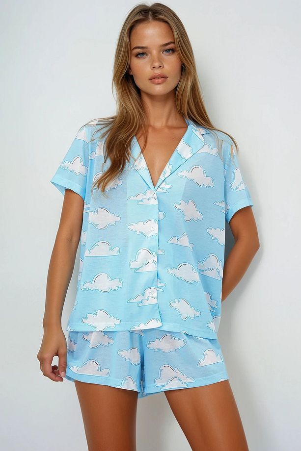 Kadın Mavi Bulut Desenli Örme Pamuklu Gömlek Ve Şort Pijama Takımı Pjmx13887 - 2