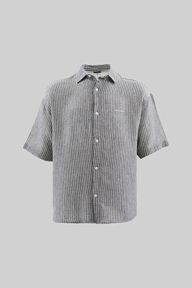 Erkek Basic Striped Cotton Siyah Gömlek - 1