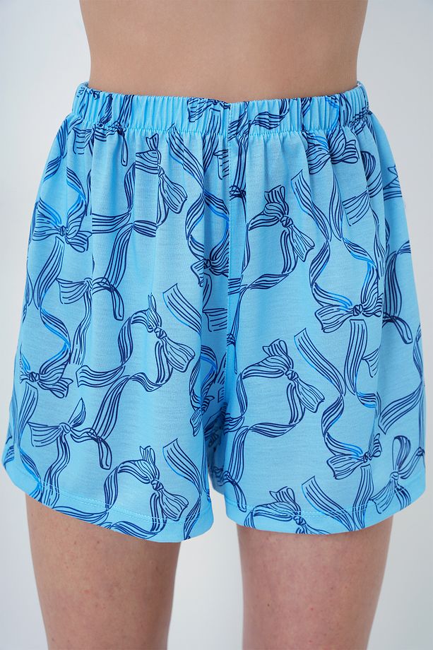 Kadın Mavi Fiyonk Desenli Örme Pamuklu Gömlek Ve Şort Pijama Takımı Pjmx13888 - 4