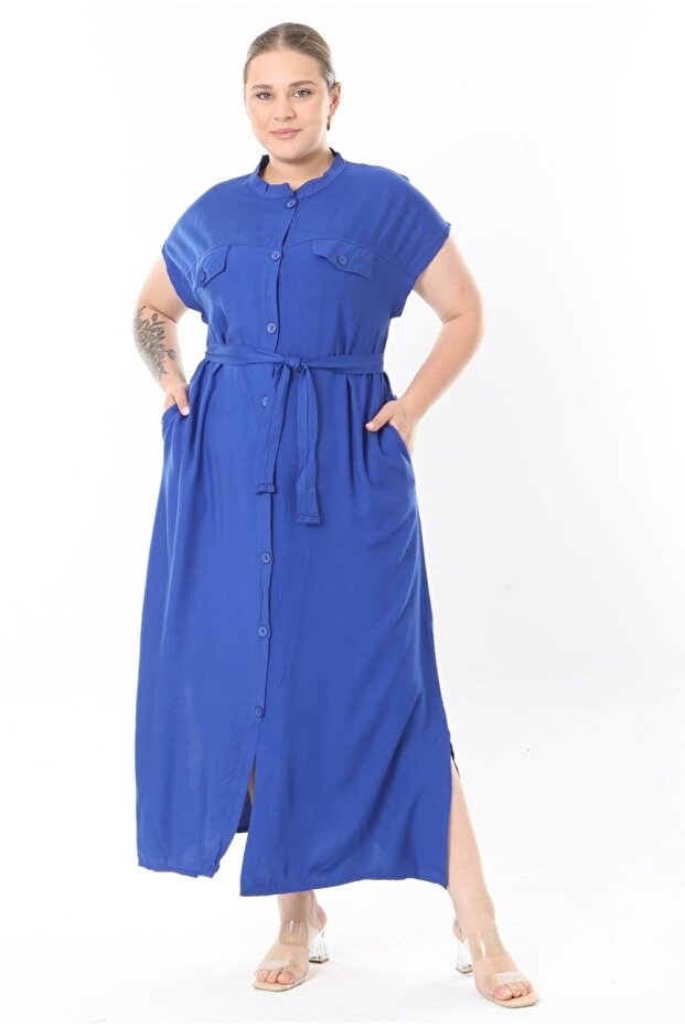 Women's Plus Size Cobalt Blue, Front Length Buttons, Belted Long Dress 65N38956