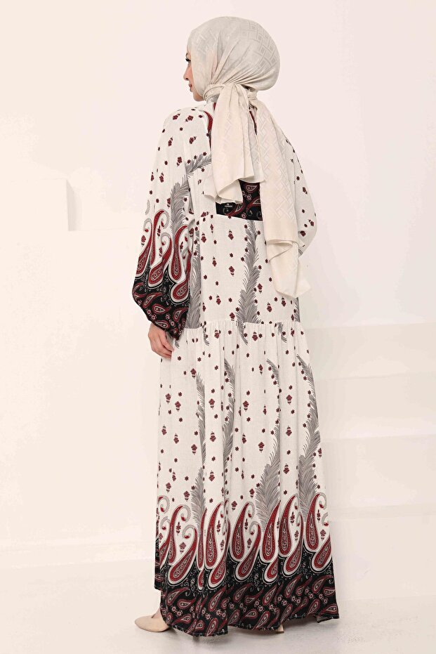 Patterned Buttoned Dress Red - 27040 - 6