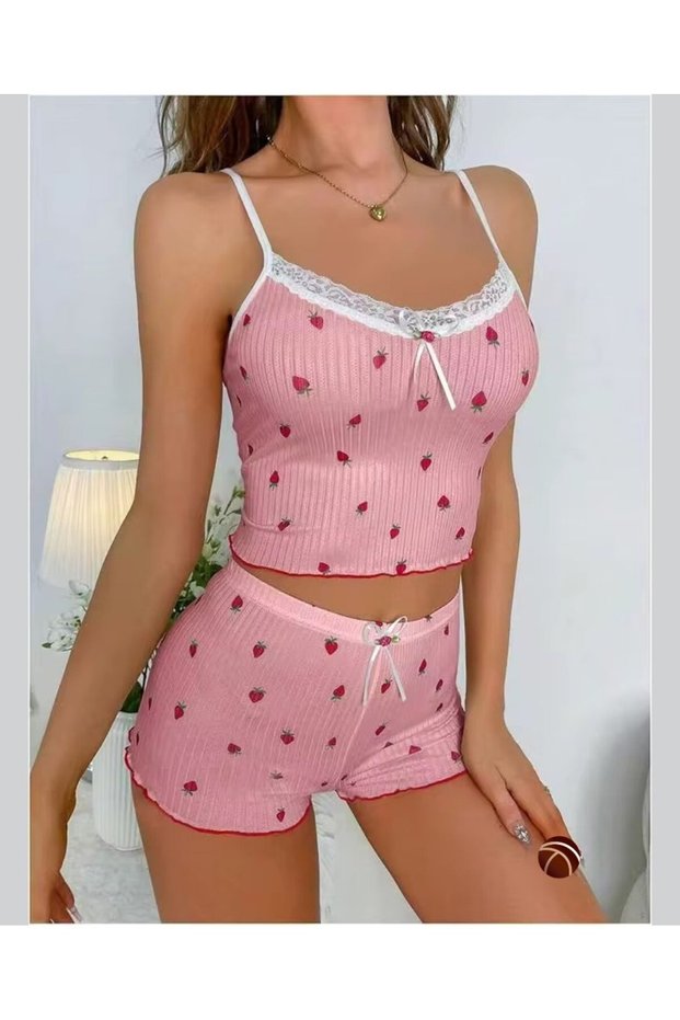 Lily Pink Strawberry Pattern Lace Vintage 100% Cotton Thin Strap Bustier Shorts Suit