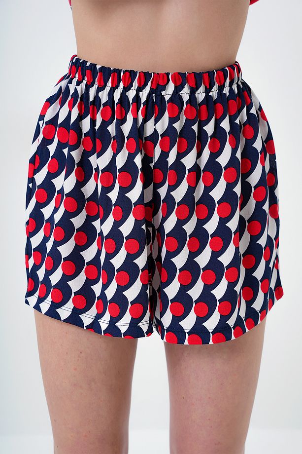 Kadın Lacivert Geometrik Desenli Önü Düğmeli Dokuma Gömlek Ve Şort Pijama Takım Pjmx13889 - 4