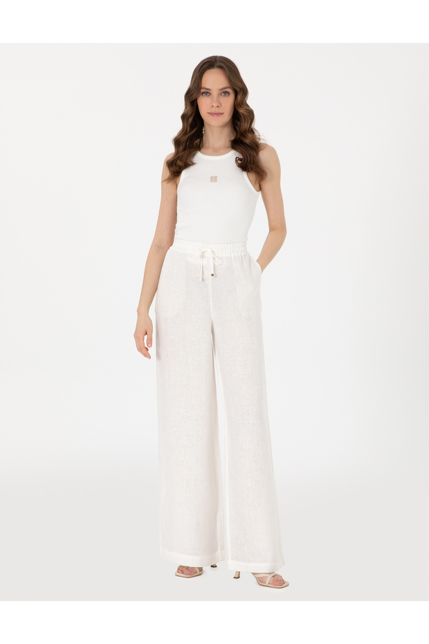 White Loose Fit Linen Trousers 50301229-Vr013