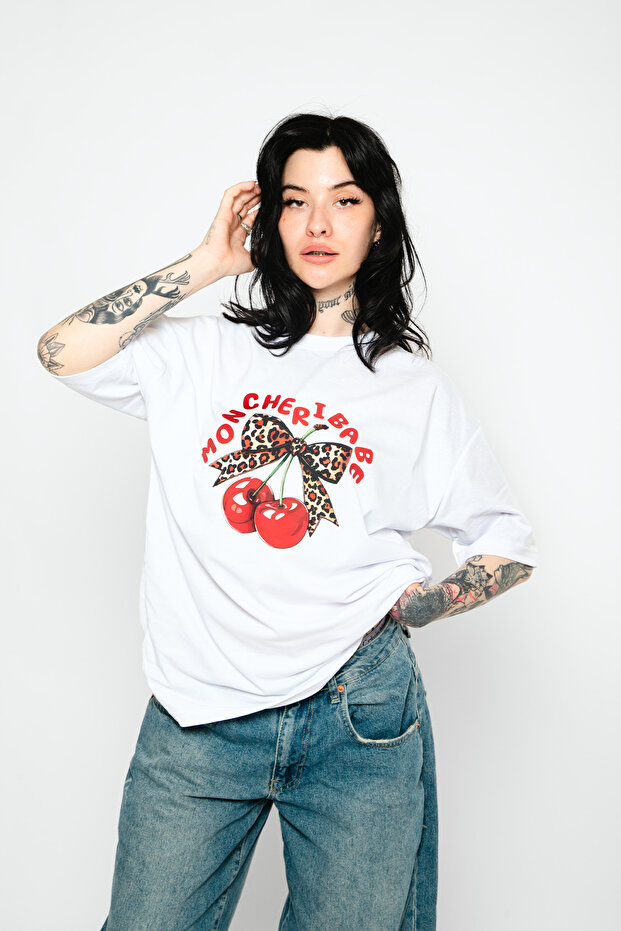 Mon Cherie Printed Oversize Unisex White Tshirt