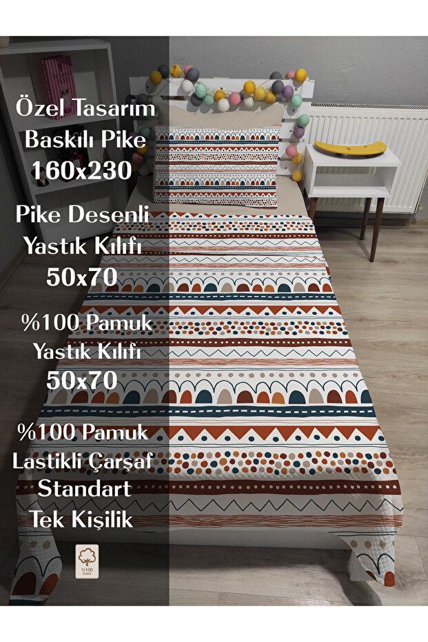 4 Piece Geometry Patterned Single Pique Bedspread Set with Elastic Sheets - 2