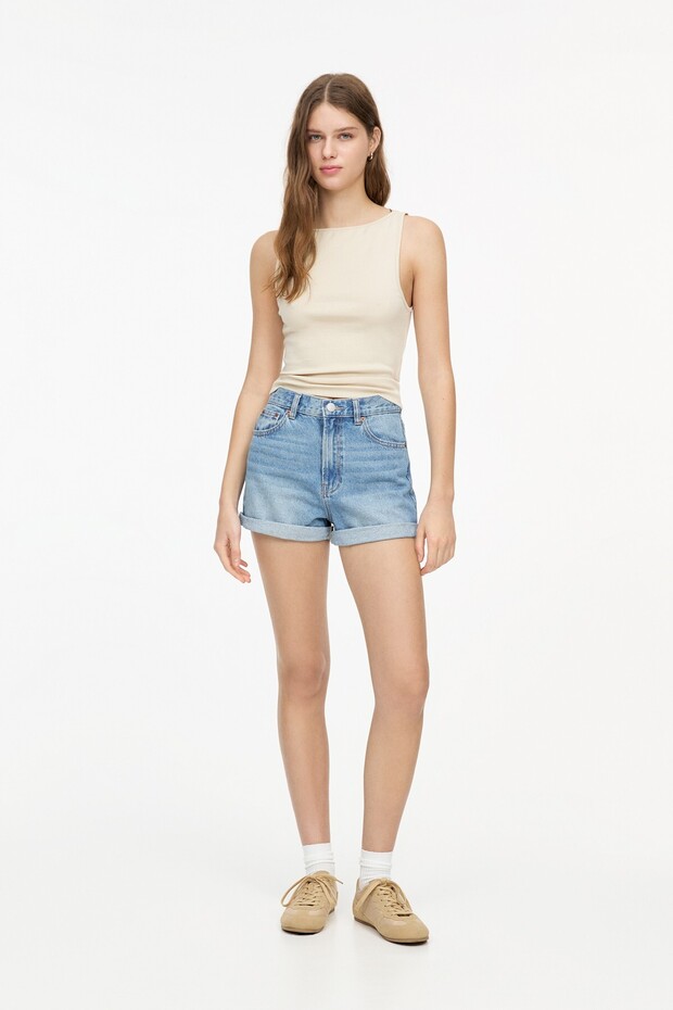 Mom fit paçası kıvrık denim şort - 2