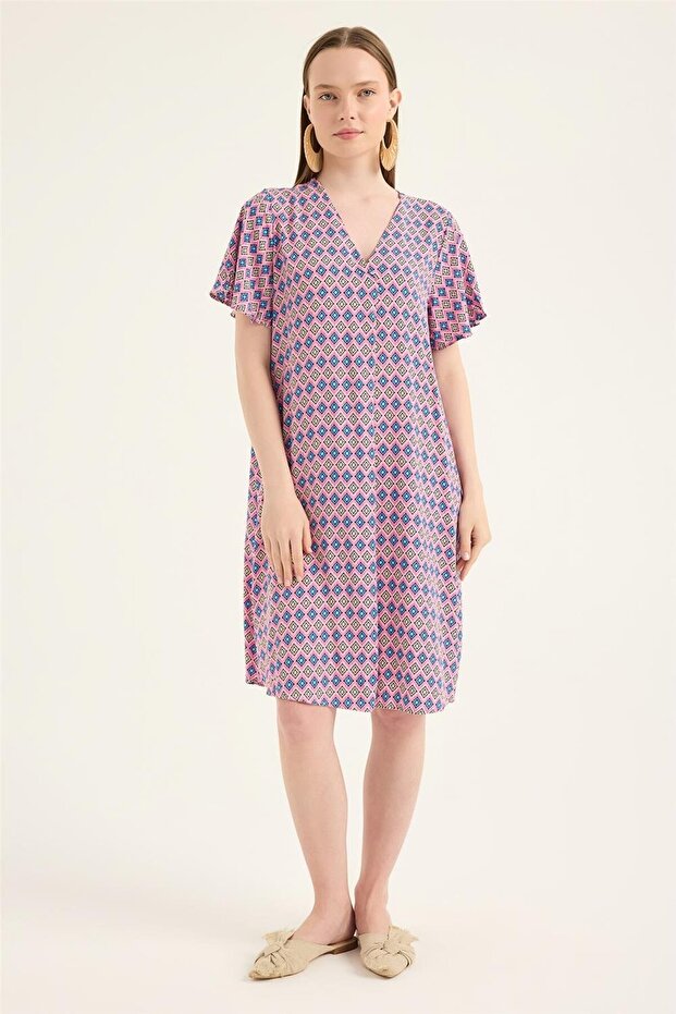 فستان منقوش مربع بياقة V - 1