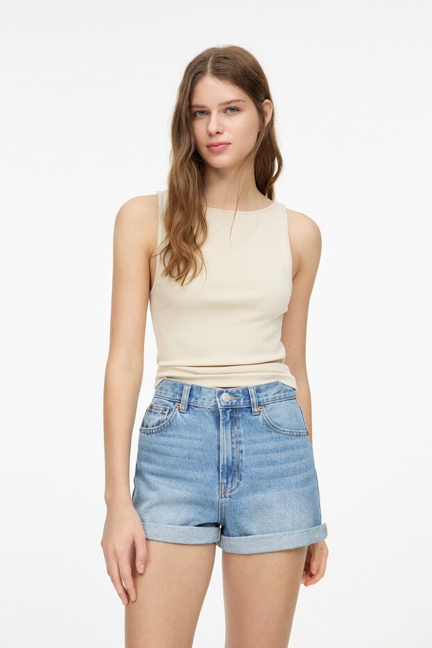 Mom fit paçası kıvrık denim şort - 1