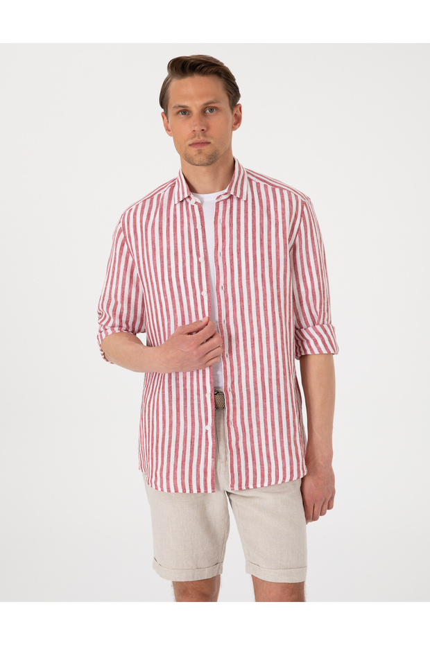 Pomegranate Flower 100% Linen Striped Regular Fit Long Sleeve Shirt 50304531-Vr239