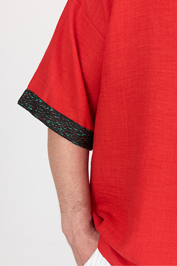 Wide Collar Half Button Ethnic Patterned Shirt - 4