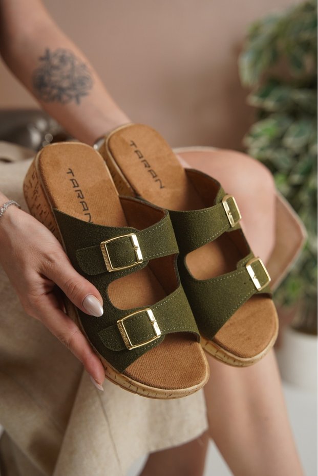 Ellen Women's Yellow Double Buckle Detailed Cork Sole Stylish and Comfortable Daily Slippers