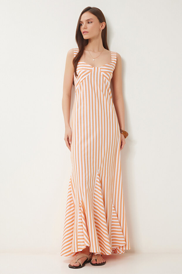 Striped Flounces Summer Long Dress Peach Bone Ljh0002