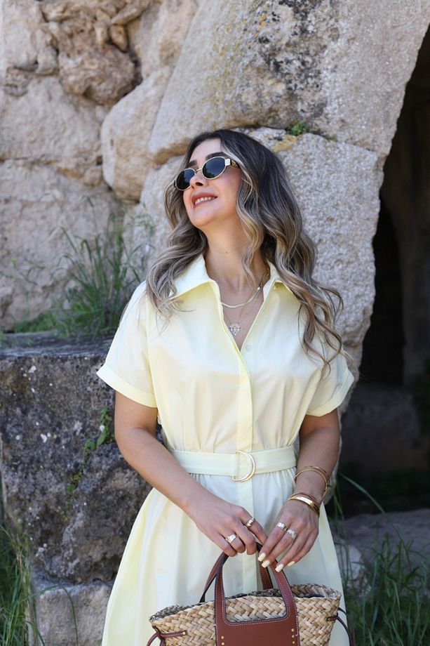 Sarı Poplin Kumaş Kuşaklı Gömlek Elbise - 2