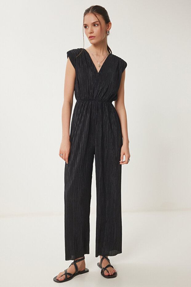 Women's Black Padded Pleated Knitted Jumpsuit An00235