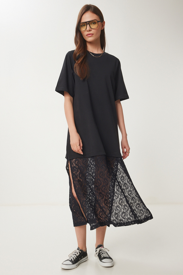 Women's Black Stretchy Knitted Top Lace Skirt Dress Cr00486