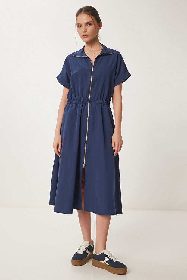 Women's Navy Blue Zippered Midi Poplin Dress Ub00375
