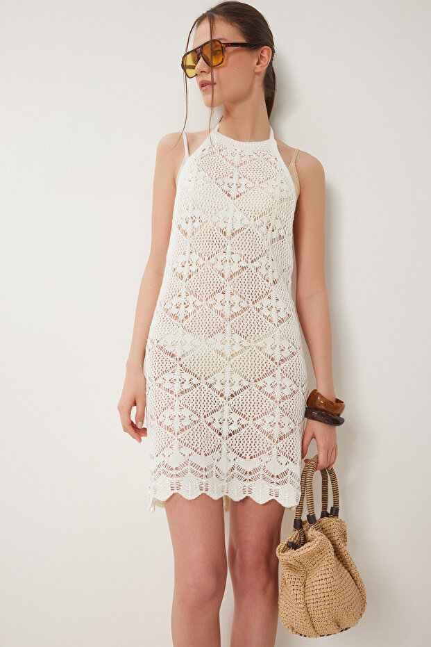 Women's Bone Backless Mini Knitwear Beach Dress Ki̇00118