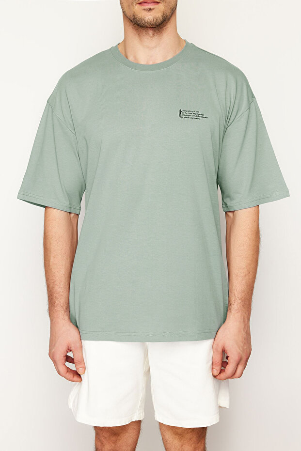 Koyu Mint Oversize %100 Pamuklu Bisiklet Yaka Minimal Yazı Baskılı Tok Kumaş T-shirt TMNSS23TS00084 - 4