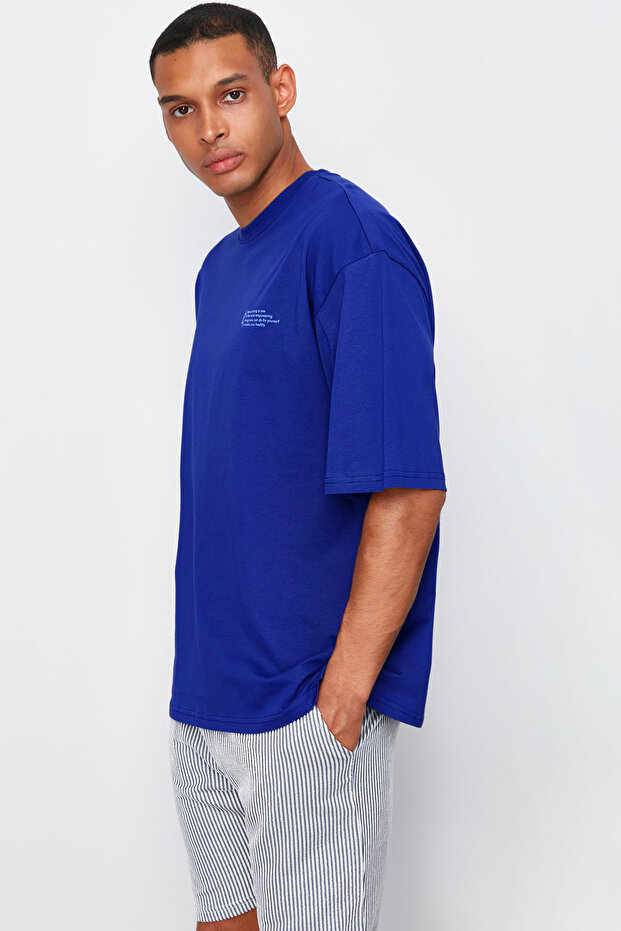 Saks Oversize %100 Pamuklu Bisiklet Yaka Minimal Yazı Baskılı Tok Kumaş T-shirt TMNSS23TS00084 - 5