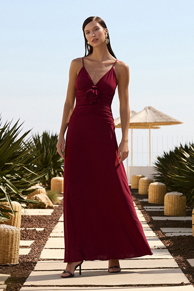 Bordo Gül Detaylı Örme Maxi Şık Abiye Gece Mezuniyet Elbisesi TPRSS25AE00180 - 2