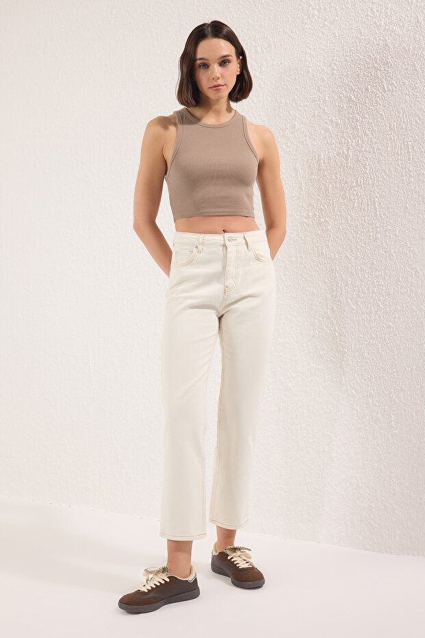 Beyaz Yüksek Bel Düz Kesim Straight Jeans TWOSS25JE00106 - 1
