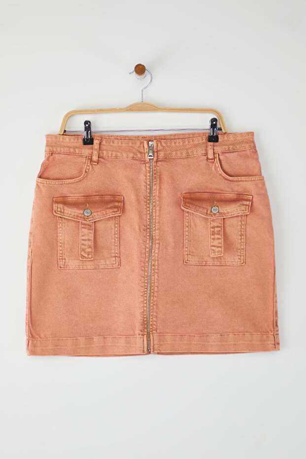 Kiremit Esnek Cep Detaylı Denim Büyük Beden Etek TBBSS25AZ00018 - 5