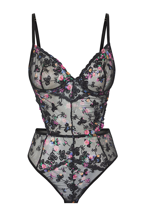 Siyah Dantel Brodeli Çiçekli Kapsız Çıtçıtlı Örme Body THMSS25BD00000 - 9