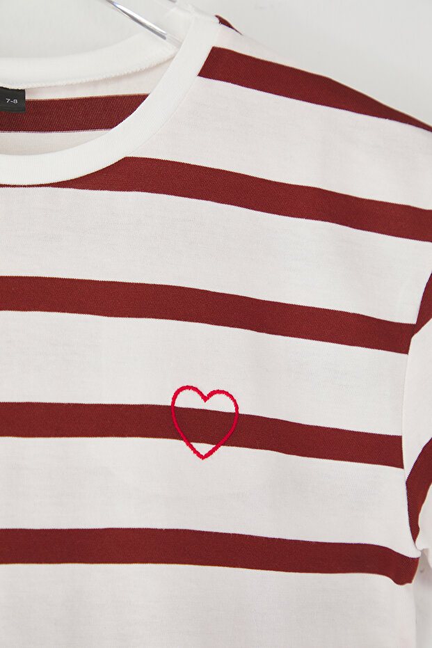 Turuncu Kız Çocuk %100 Pamuk Çizgili Kısa Kol Örme T-Shirt TKDSS25TS00103 - 3