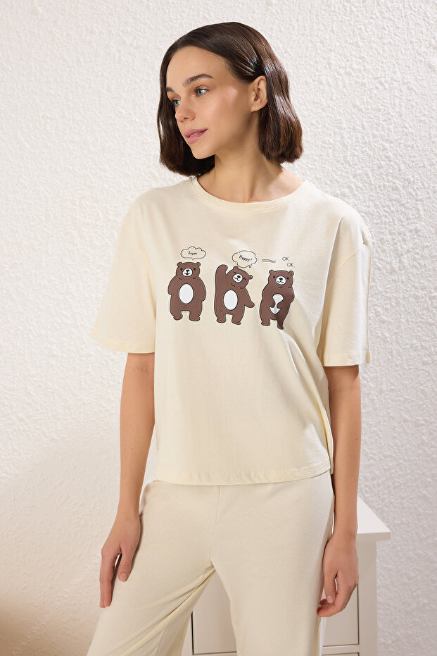 Bej %100 Pamuklu Ayıcıklı Örme Pijama Takımı THMSS23PT00134 - 2